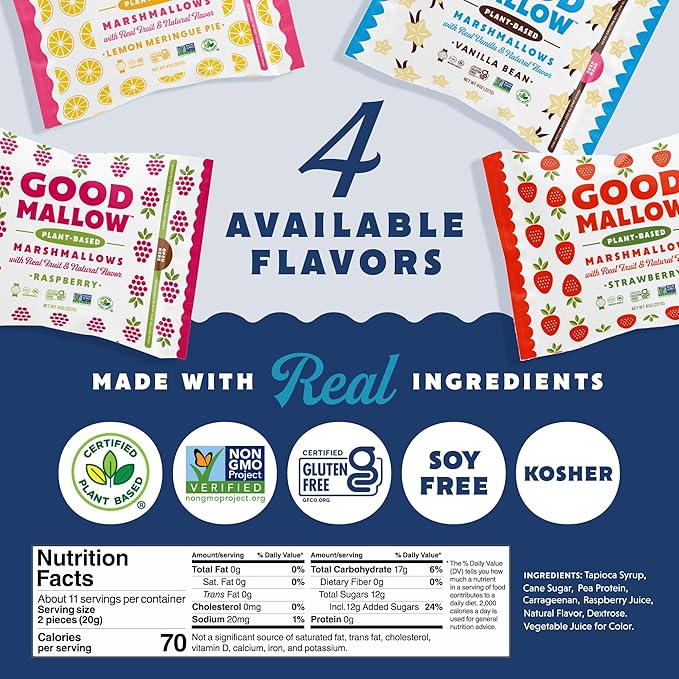Assorted Good Mallow Mini Vegan Marshmallows in four flavors displayed in a clear bowl, showcasing colorful, soft, and fluffy treats.