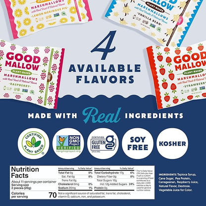 Assorted Good Mallow Mini Vegan Marshmallows in four flavors displayed in a clear bowl, showcasing colorful, soft, and fluffy treats.