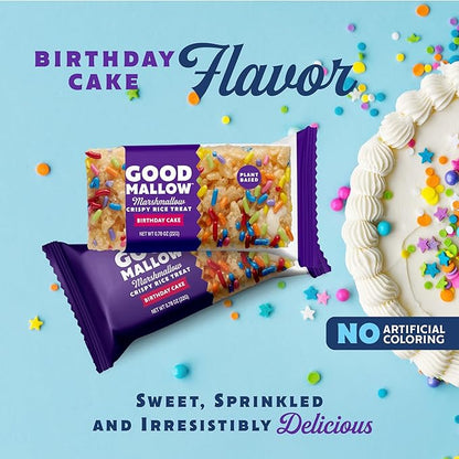 Vegan rice crispy treat by Good Mallow with birthday flavor, topped with colorful sprinkles and marshmallow pieces.