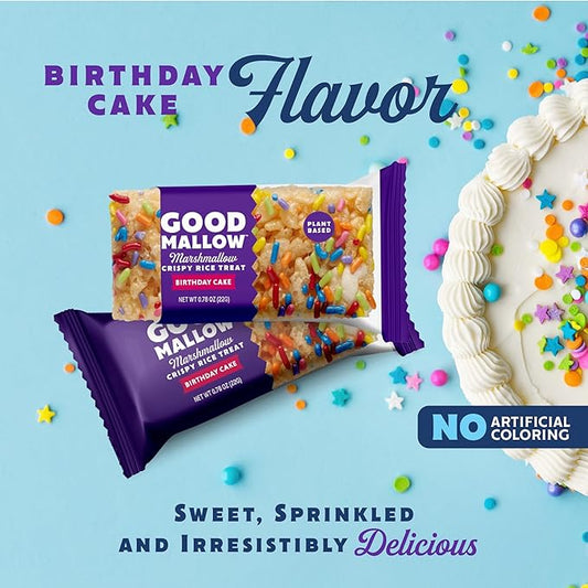 Vegan rice crispy treat by Good Mallow with birthday flavor, topped with colorful sprinkles and marshmallow pieces.