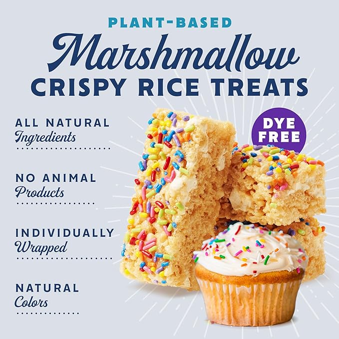 Good Mallow vegan rice crispy treats shaped like cupcakes with colorful frosting and sprinkles on top.