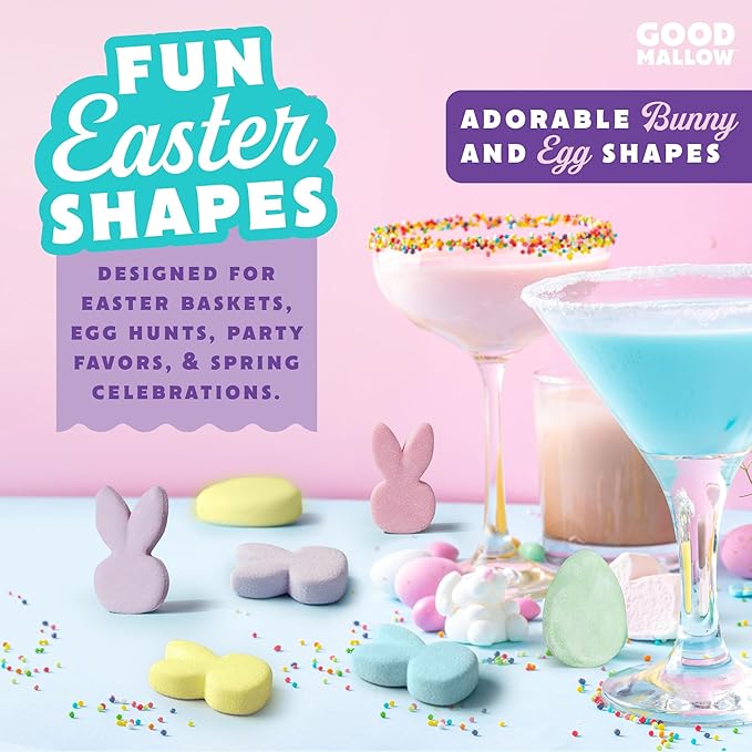 Plant-based marshmallow eggs by Good Mallow, showing colorful, fluffy marshmallow treats with a smooth, pastel coating.