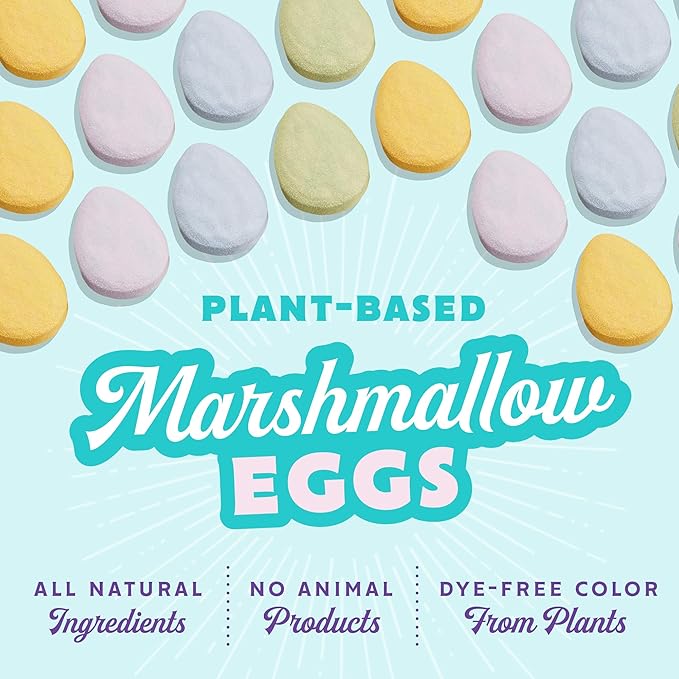 Plant-based marshmallow eggs by Good Mallow, featuring pastel-colored, egg-shaped marshmallow treats in a clear bag.