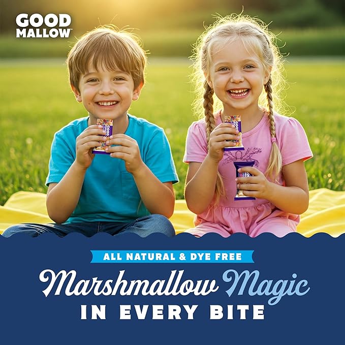 Vegan Rice Crispy Treats by Good Mallow, colorful packaging with kids enjoying the sweet, crispy snack