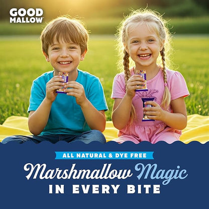 Vegan Rice Crispy Treats by Good Mallow, colorful packaging with kids enjoying the sweet, crispy snack