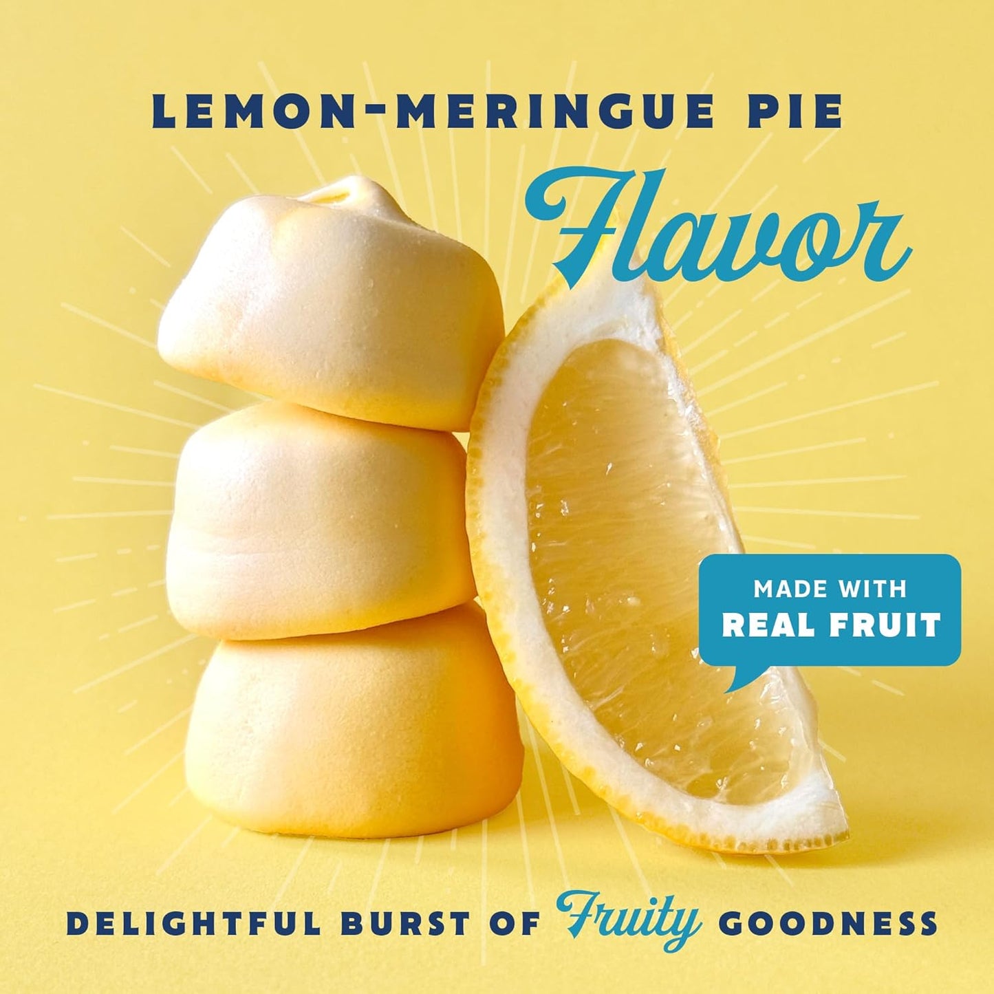Lemon-flavored Good Mallow Mini Vegan Marshmallows in a clear bowl, showcasing soft, colorful marshmallows with lemon accents.