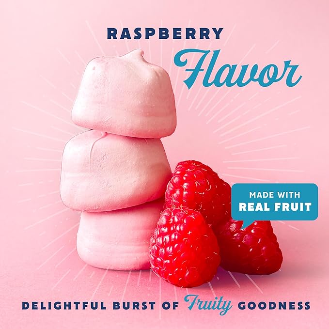 Pink raspberry vegan marshmallows by Good Mallow, small and soft with a fluffy texture perfect for snacking or baking.