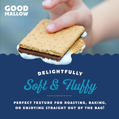Mini vegan marshmallows from Good Mallow arranged on a plate, showcasing their soft, fluffy texture perfect for s'mores.