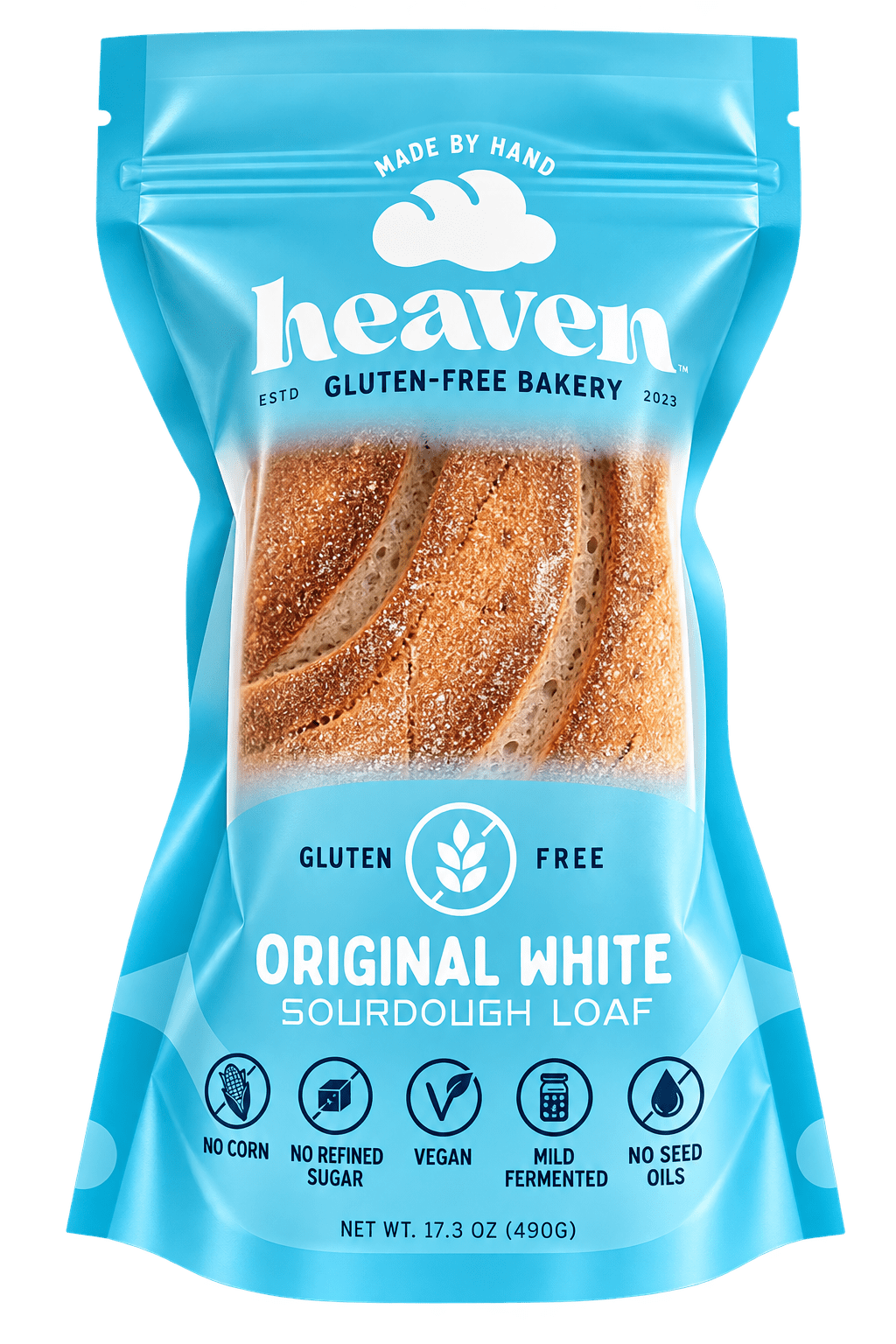 Four slices of Heaven GF Bakery Buckwheat White Sourdough Vegan Loaf, gluten-free sourdough bread on a wooden board.