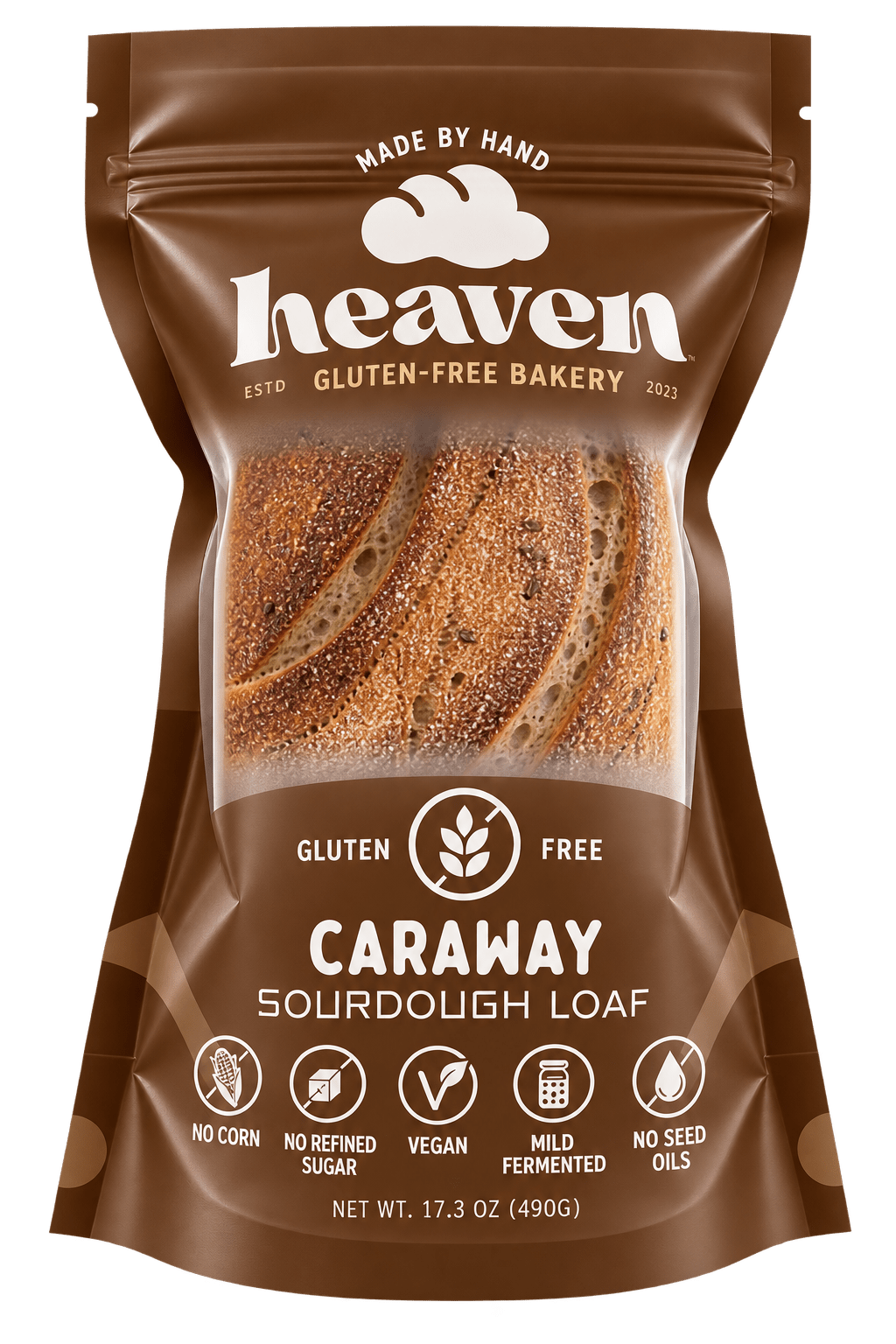 Four packages of Heaven GF Bakery Caraway Sourdough Vegan Loaf, gluten-free and fresh sourdough bread slices.