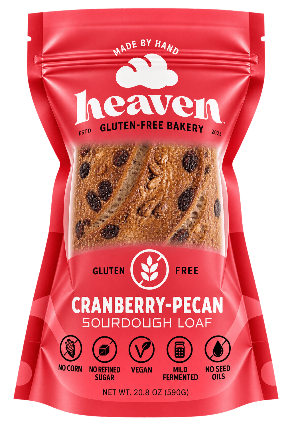 Heaven GF Bakery Cranberries and Pecans Vegan Sourdough Loaf 4-pack, sliced sourdough bread with cranberries and pecans.