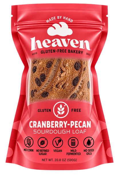 Heaven GF Bakery Cranberries and Pecans Vegan Sourdough Loaf 4-pack, sliced sourdough bread with cranberries and pecans.