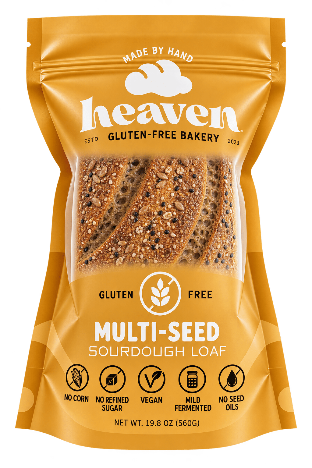 Four slices of Heaven GF Bakery vegan multi-seed sourdough bread, gluten-free and fresh in a 4-pack.