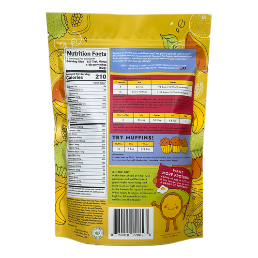 Backside of Hidden Foods Co. gluten-free homestyle pancake mix 2-pack package showing ingredients and nutritional information.