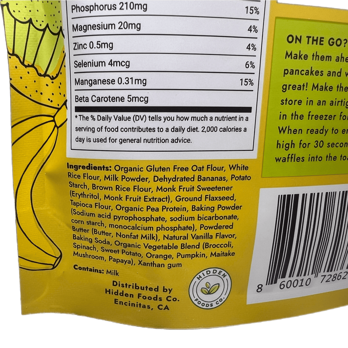Ingredients for Hidden Foods Co. gluten-free homestyle pancake mix, including gluten-free flours and natural ingredients.