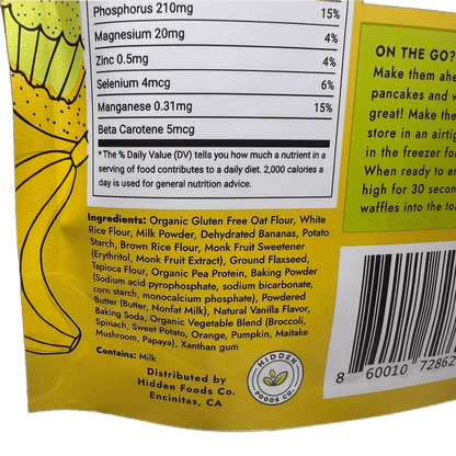 Ingredients for Hidden Foods Co. gluten-free homestyle pancake mix, including gluten-free flours and natural ingredients.