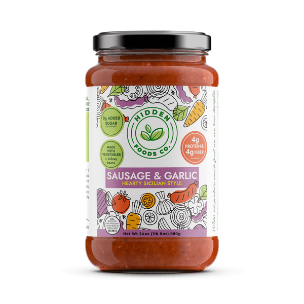 Two jars of Hidden Foods Co. Sausage and Garlic Sicilian-inspired sauce with sausage and garlic visible in the image
