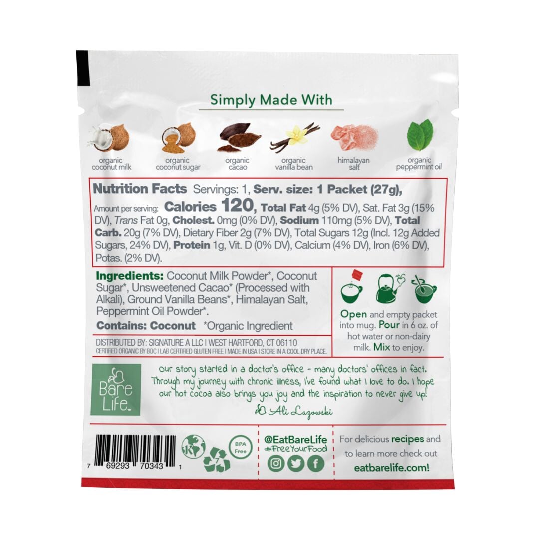Back view of single serving packet of Bare Life dairy-free peppermint hot cocoa mix, gluten-free, vegan, and organic.