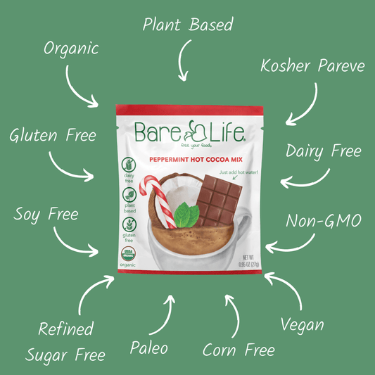 Single serving of Bare Life peppermint hot cocoa mix, dairy-free, vegan, gluten-free, organic, in a colorful packet.