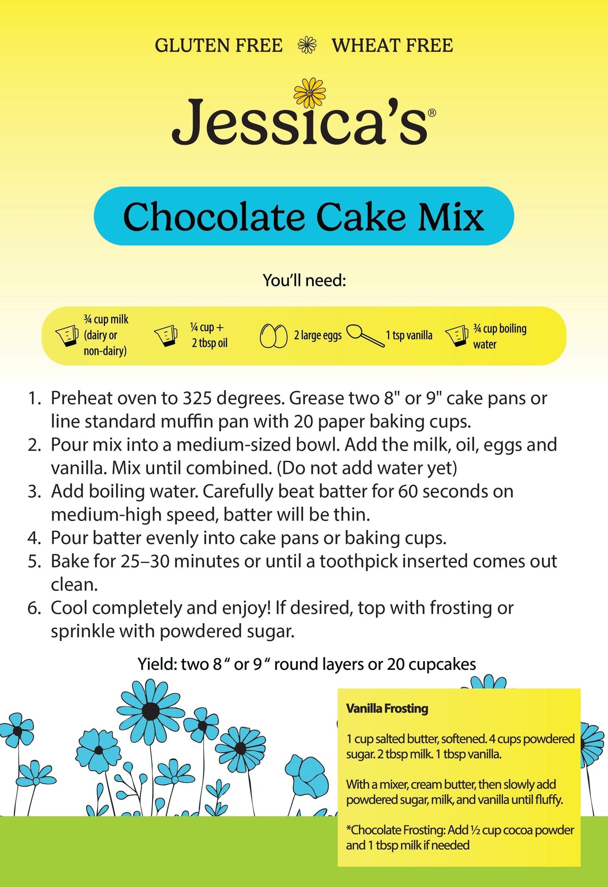 Jessica's Natural Foods chocolate cake mix in a box with a picture of a layered chocolate cake and baking ingredients.