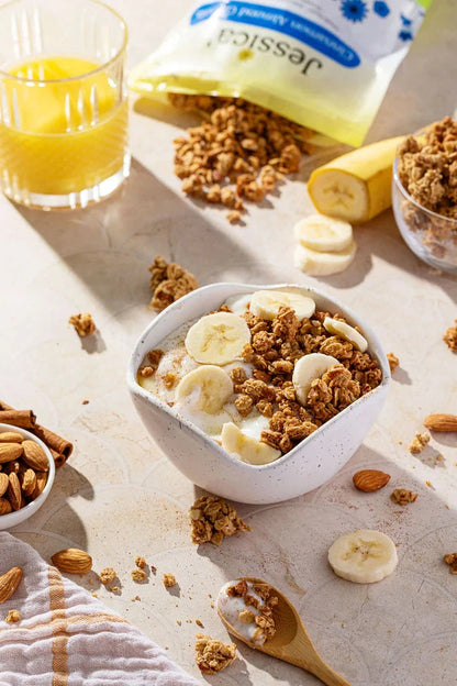 Jessica's Cinnamon Almond Granola in a bowl, showing crunchy oats, almonds, and cinnamon, from Jessica's Natural Foods.