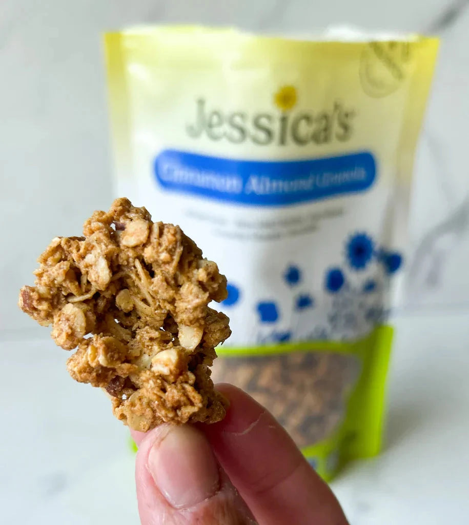 Jessica's Cinnamon Almond Granola in a bowl, showing crunchy oats, almonds, and cinnamon flavor from Jessica's Natural Foods.