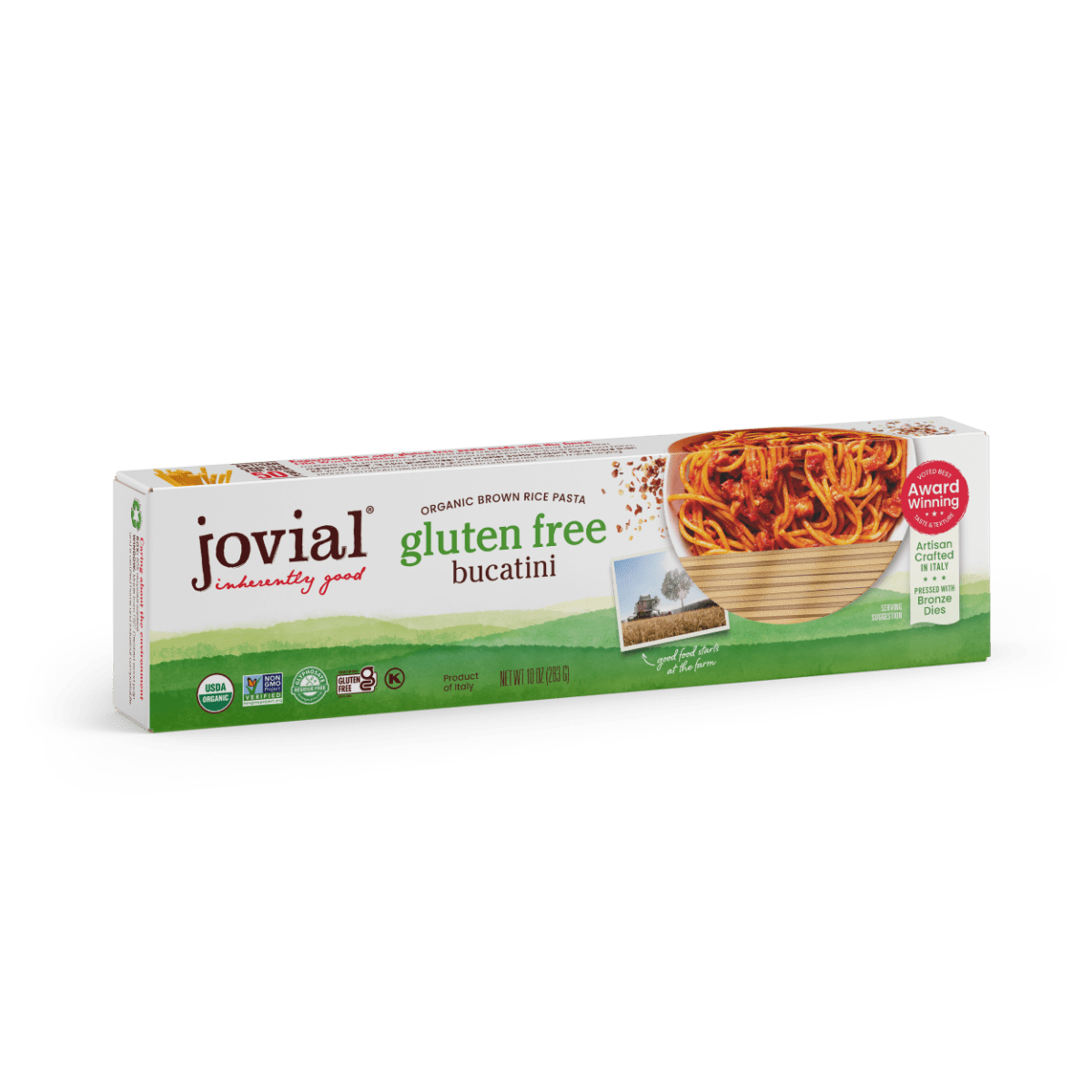 Gluten-free brown rice bucatini pasta from Jovial Foods, Inc, showing the long, thin pasta strands in a bowl.
