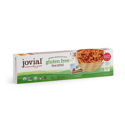 Gluten-free brown rice bucatini pasta from Jovial Foods, Inc, showing the long, thin pasta strands in a bowl.