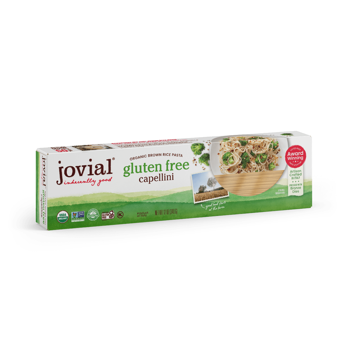 Jovial Gluten-Free Brown Rice Capellini pasta, uncooked, showcasing thin, light brown rice noodles on a white background.