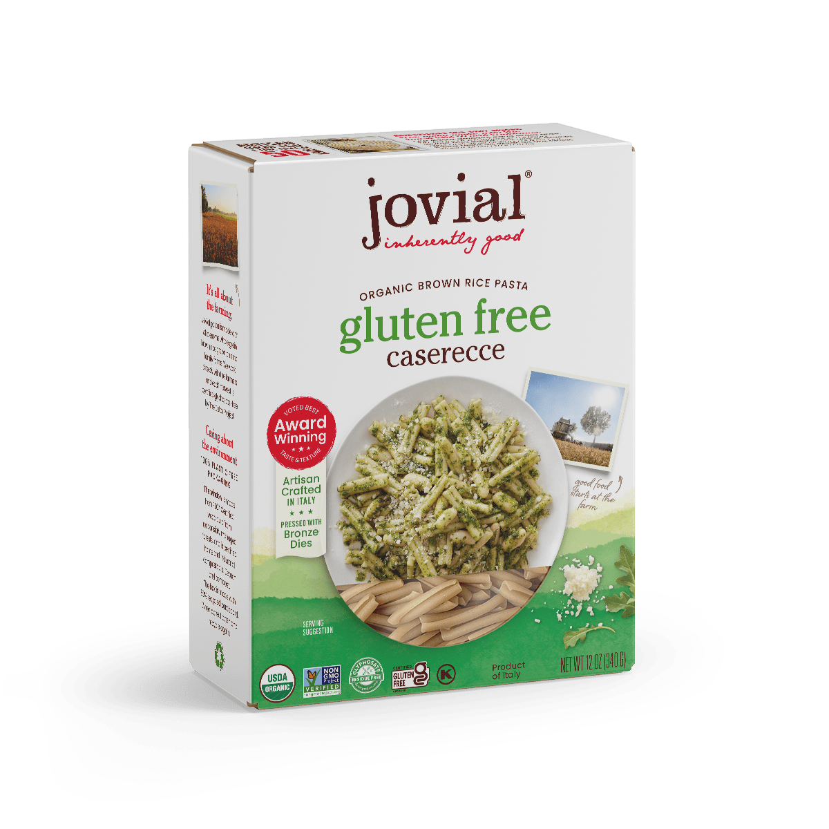 Jovial Gluten Free Brown Rice Caserecce pasta in a clear container, showcasing short, twisted pasta shapes made from brown rice