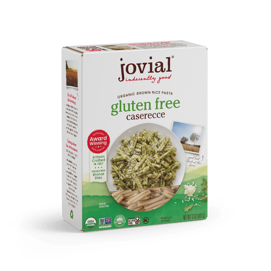 Jovial Gluten Free Brown Rice Caserecce pasta in a clear container, showcasing short, twisted pasta shapes made from brown rice