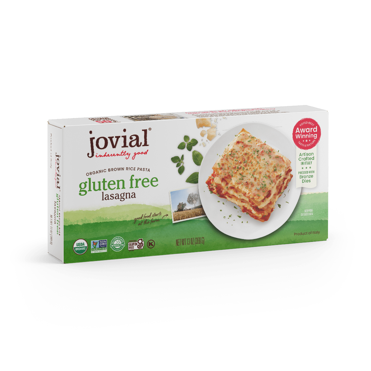 Jovial Gluten-Free Brown Rice Classic Lasagna in 13oz package, showing layered lasagna with brown rice pasta and tomato sauce