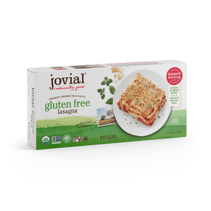 Jovial Gluten-Free Brown Rice Classic Lasagna in 13oz package, showing layered lasagna with brown rice pasta and tomato sauce
