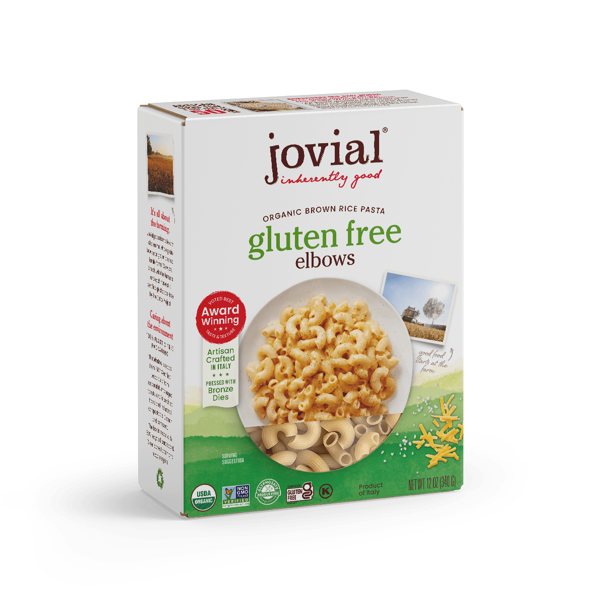 Jovial Gluten-Free Brown Rice Elbows pasta in a bowl, showcasing the rustic brown rice pasta shape and texture.