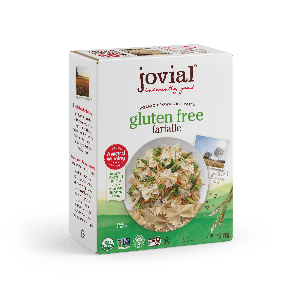 Jovial gluten-free brown rice farfalle pasta cooked and served on a plate, showcasing the pasta's shape and texture.