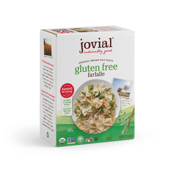 Jovial Gluten Free Brown Rice Farfalle pasta in a clear container, showing the bowtie-shaped brown rice pasta inside.
