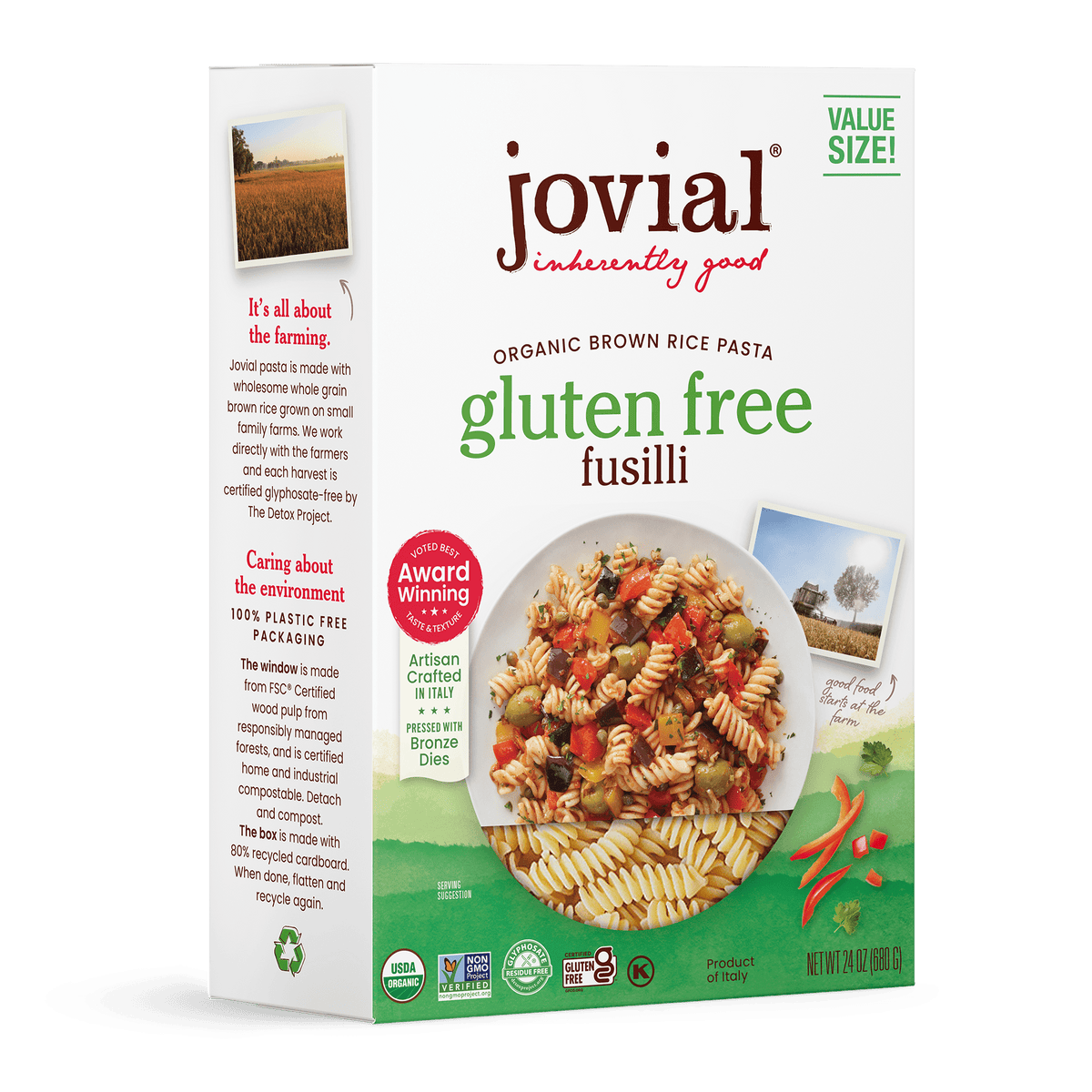 Jovial Gluten-Free Brown Rice Fusilli pasta in a family-sized package, showing uncooked spirals made from brown rice.