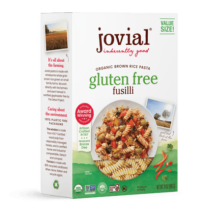 Jovial Gluten-Free Brown Rice Fusilli pasta in a family-sized package, showing uncooked spirals made from brown rice.