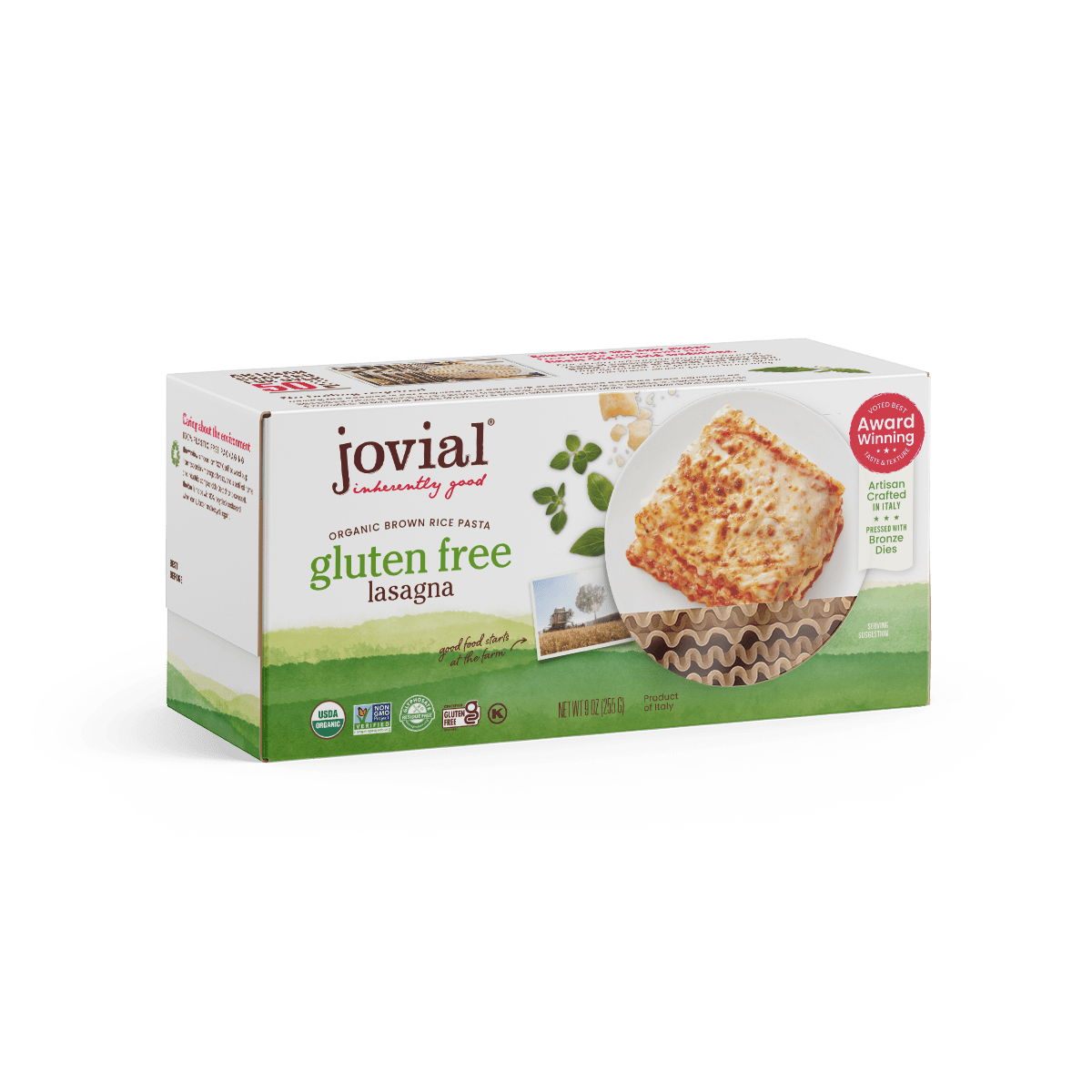 Jovial Gluten Free Brown Rice Lasagna 9oz package showing layers of lasagna noodles and rich sauce in a baking dish