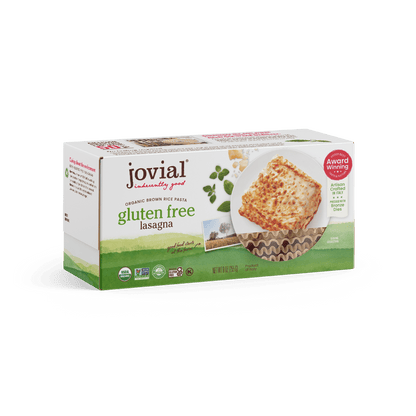 Jovial Gluten Free Brown Rice Lasagna 9oz package showing layers of lasagna noodles and rich sauce in a baking dish