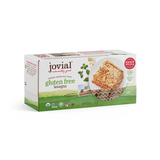 Jovial Gluten Free Brown Rice Lasagna 9oz package showing layers of lasagna noodles and rich sauce in a baking dish