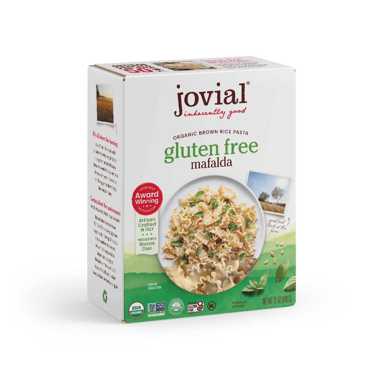 Jovial Gluten-Free Brown Rice Mafalda pasta, uncooked, showing short, thick pasta strands on a white background.