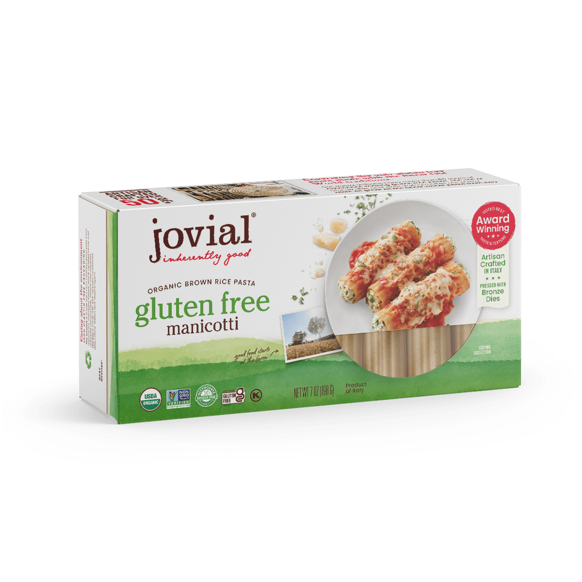 Jovial Foods, Inc gluten-free brown rice manicotti pasta shell, uncooked, showing smooth, cylindrical shape perfect for stuffing.