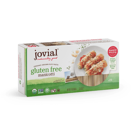Jovial Gluten Free Brown Rice Manicotti pasta in a clear container, ready for cooking, from Jovial Foods, Inc.
