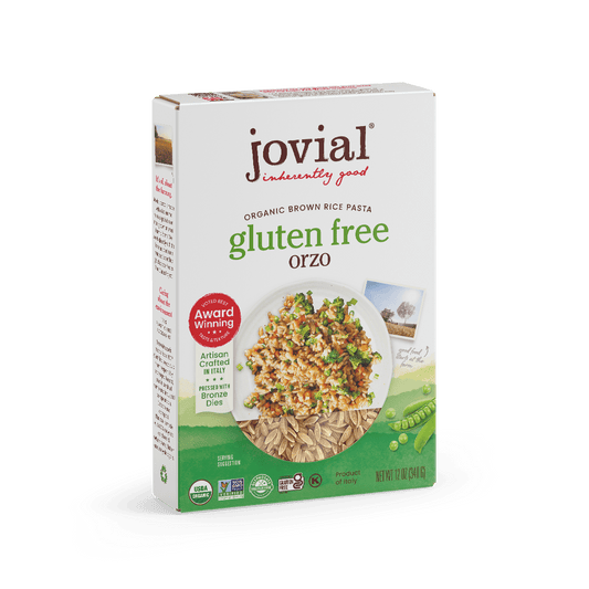 Jovial gluten-free brown rice orzo pasta in a clear jar, showing small, rice-shaped orzo grains ready for cooking.