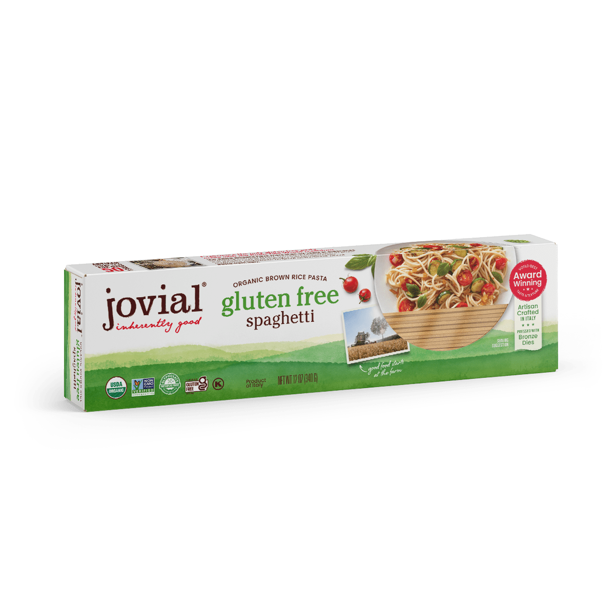 Jovial Gluten Free Brown Rice Spaghetti in a clear jar, showcasing the light brown pasta strands from Jovial Foods, Inc.