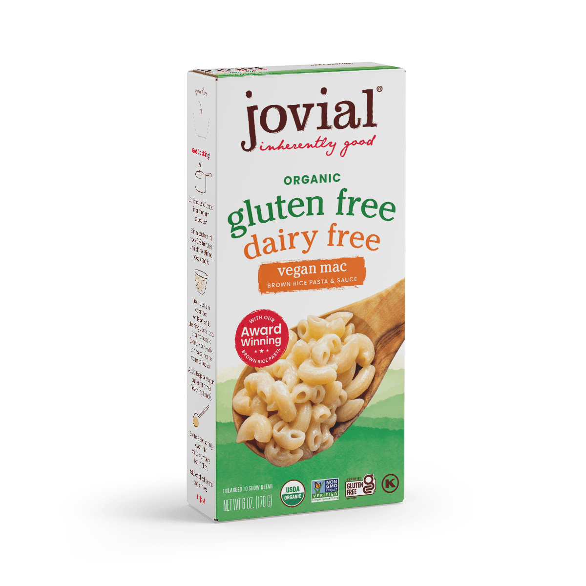 Jovial Gluten Free Vegan Mac cheese in a bowl, showing creamy vegan pasta with a cheese sauce on a white plate.