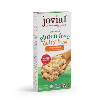 Jovial Gluten Free Vegan Mac cheese in a bowl, showing creamy vegan pasta with a cheese sauce on a white plate.