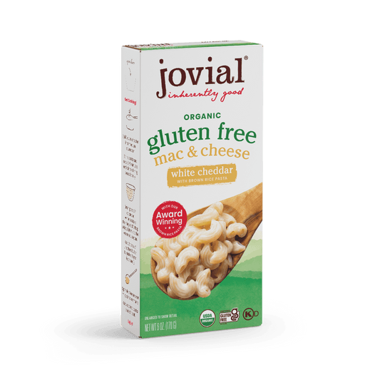 Jovial Gluten Free White Cheddar Mac & Cheese box with creamy pasta and cheddar cheese sauce, ready to serve.