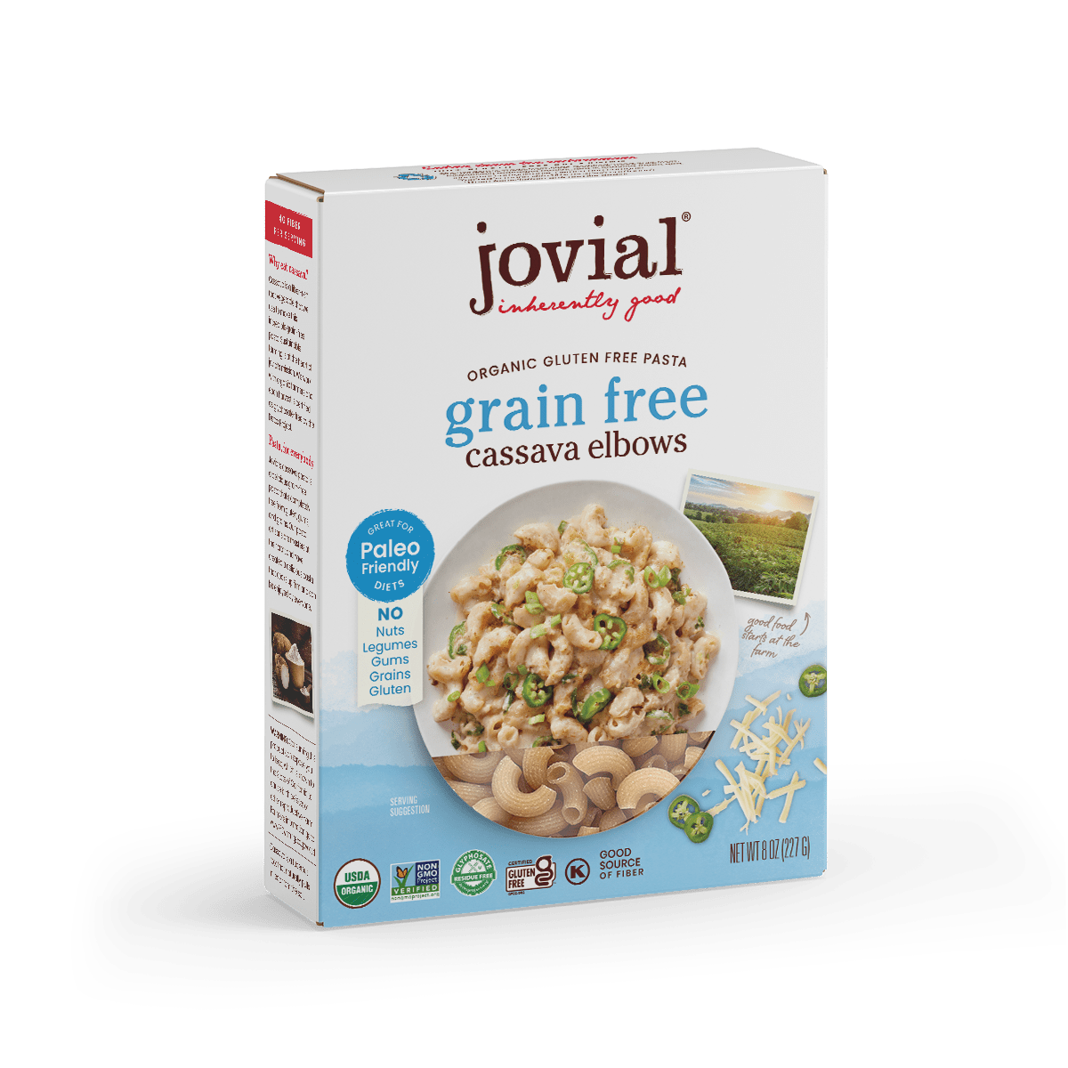 Jovial Grain-Free Cassava Elbows pasta in a bowl, showcasing golden, gluten-free cassava pasta with elbow-shaped noodles.